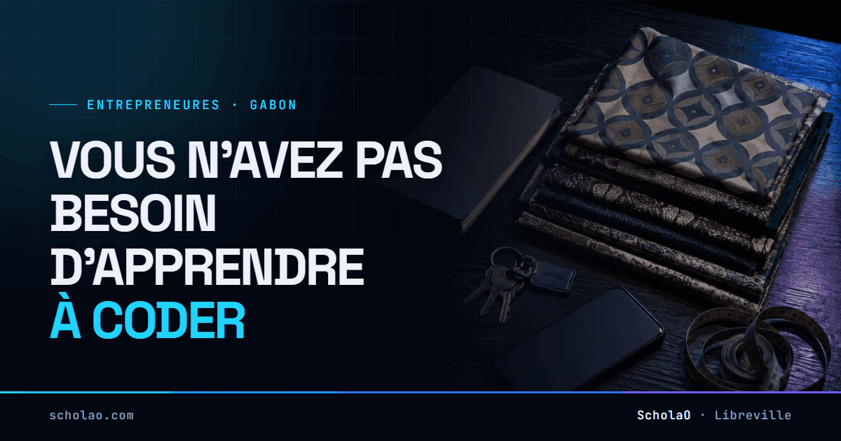 Entrepreneures gabonaises et intelligence artificielle — « Vous n'avez pas besoin d'apprendre à coder ». Un comptoir rangé en fin de journée : tissus pliés, cahier fermé, trousseau de clés laissé en évidence et téléphone éteint